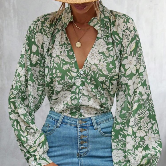 Floral Print Green White Button Down Shirt Bishop Long Sleeve - Picture 4 of 11